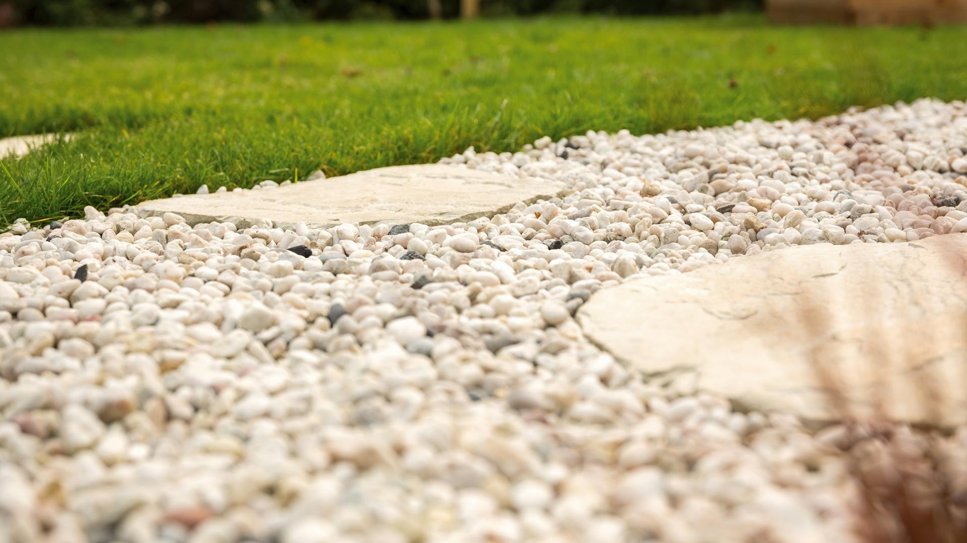 Vista sul giardino di ghiaia e prato