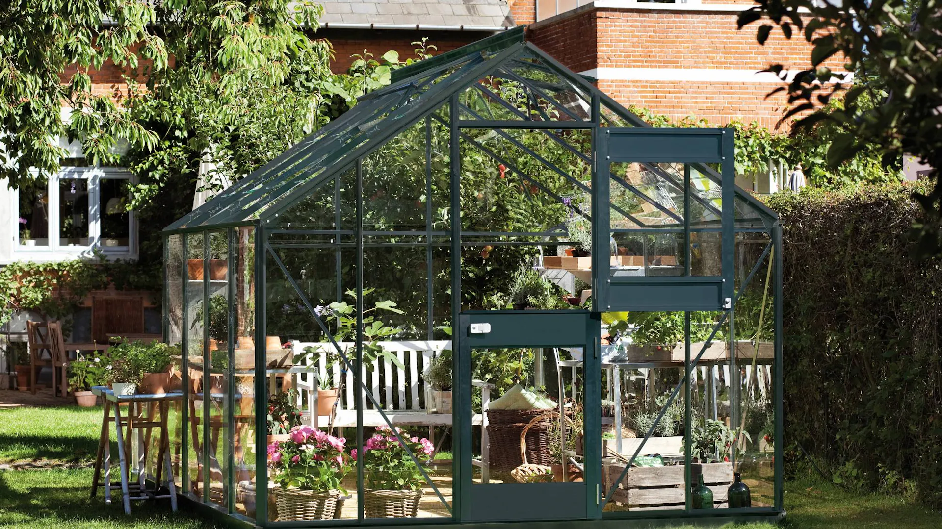 Serre avec des plantes dans le jardin.