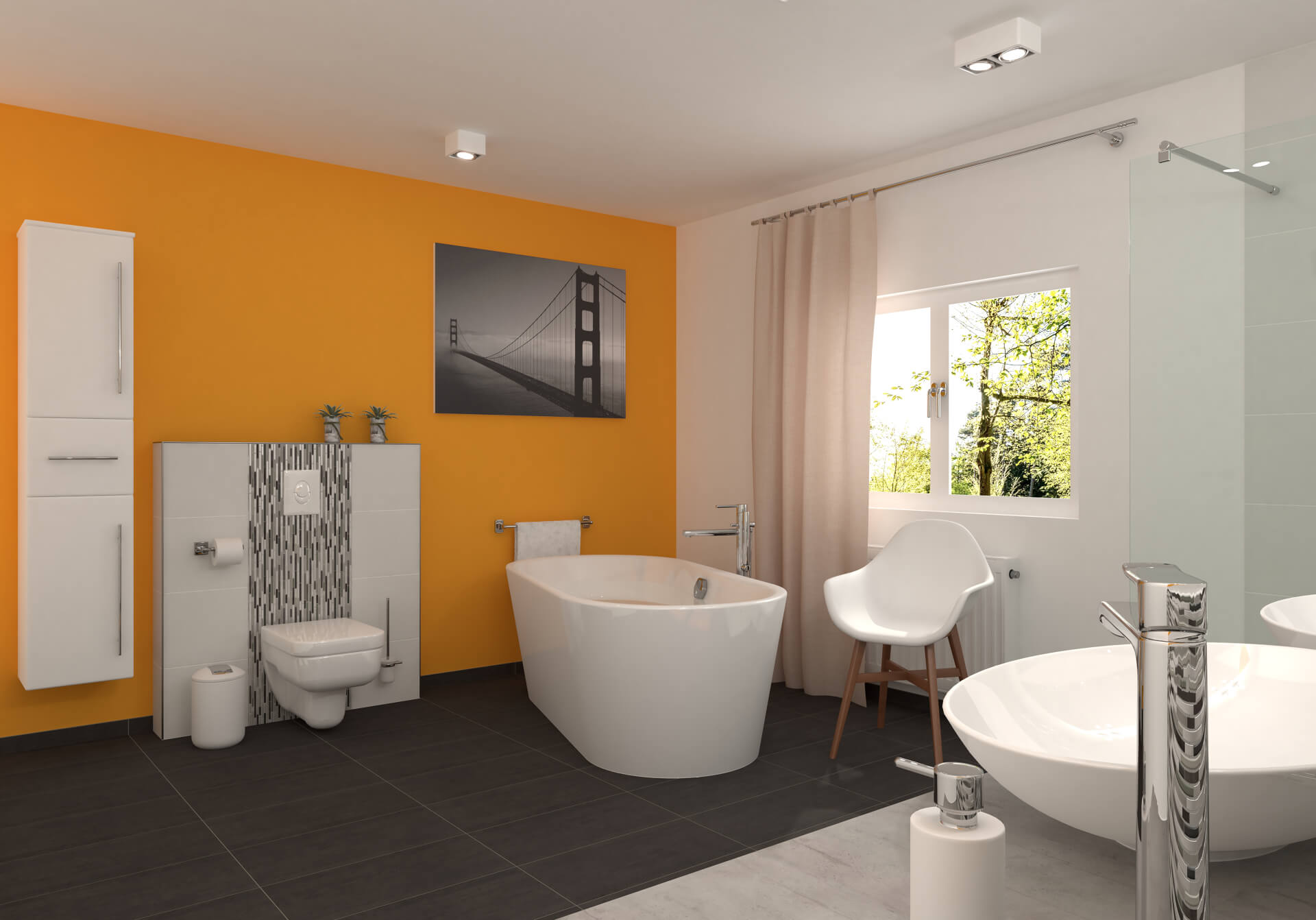 Grosses, modernes Bad mit einer gelben Wand