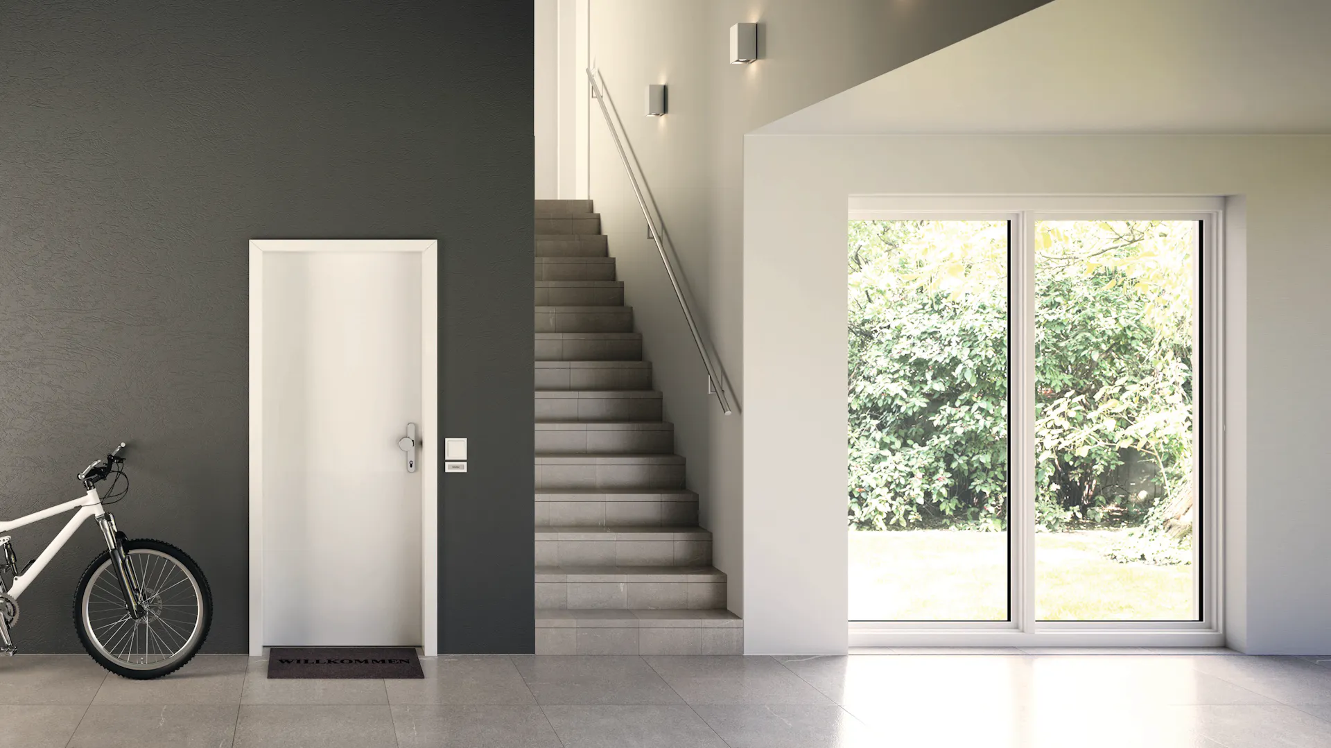 Façade de fenêtre et porte d'appartement à côté d'un escalier dans une construction neuve