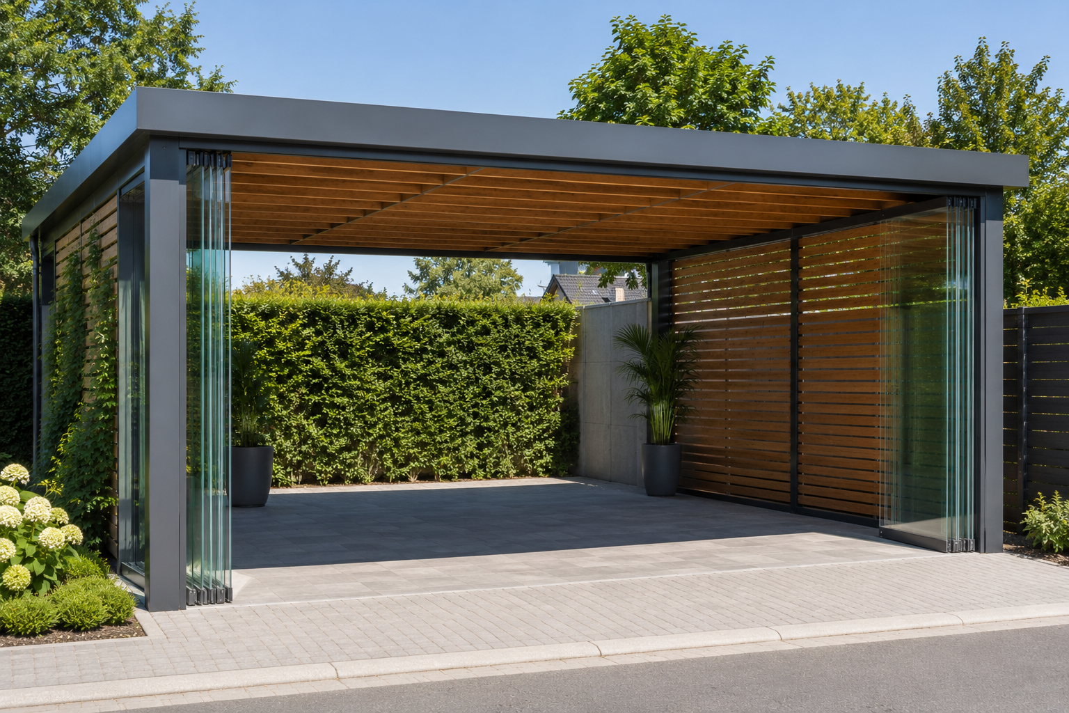Carport mit Glasschiebewänden