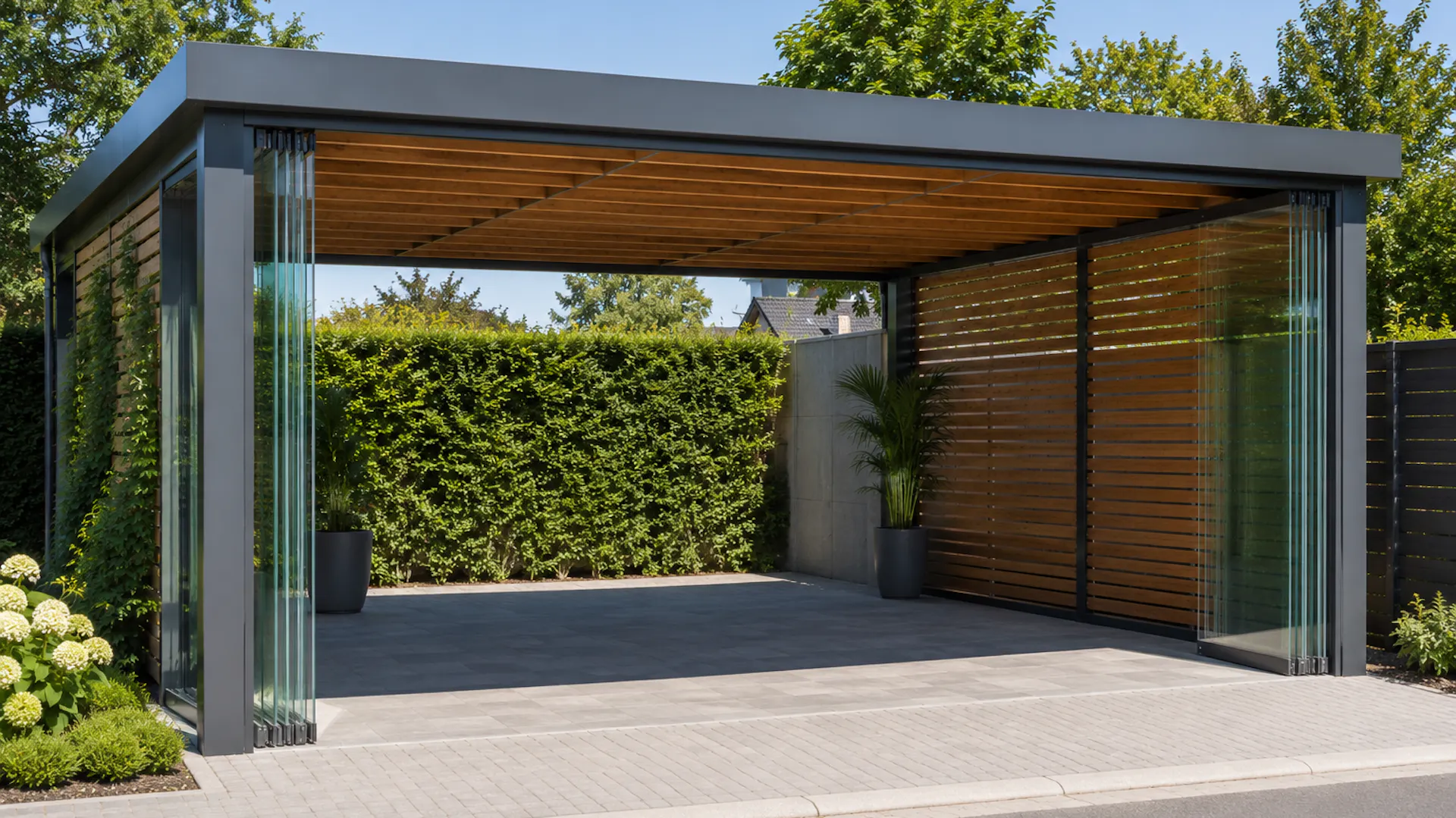 Carport mit Glasschiebewänden