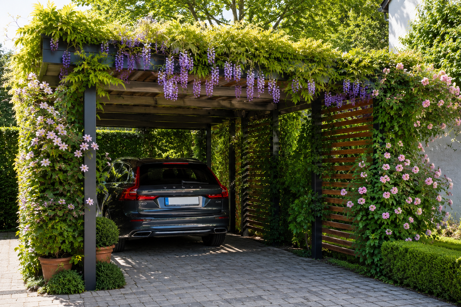 Carport mit Kletterpflanzen