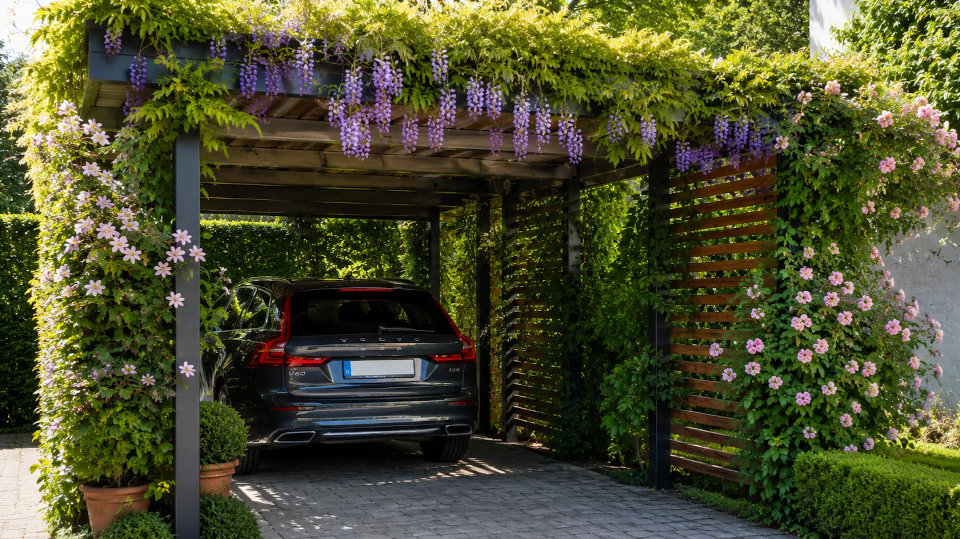Carport mit Kletterpflanzen