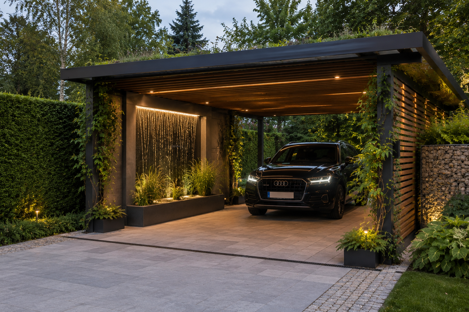 Carport mit Wasserwand