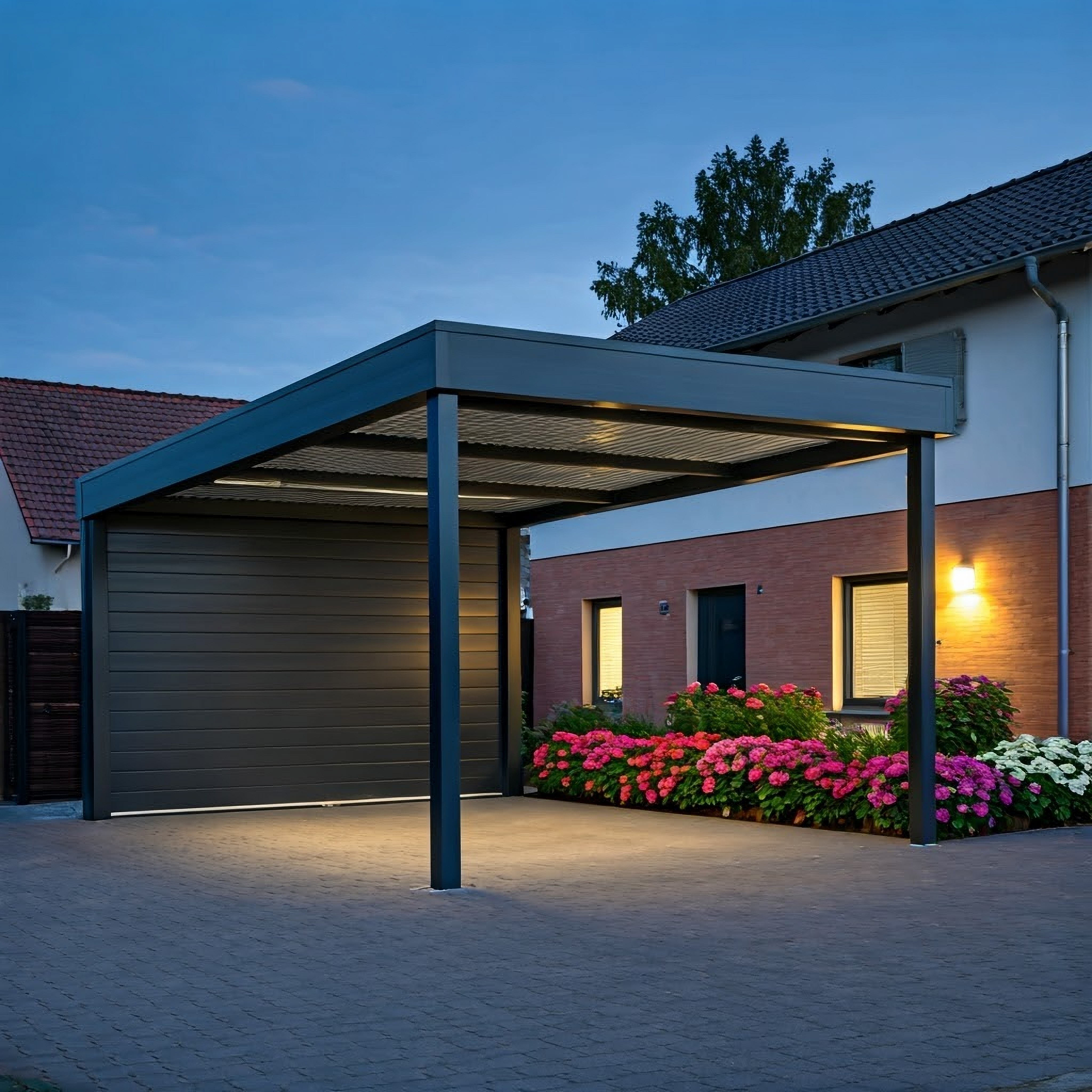 Carport mit Rückwand und Beleuchtung
