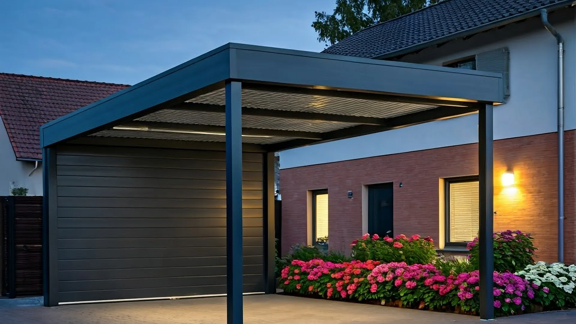 Carport mit Rückwand und Beleuchtung