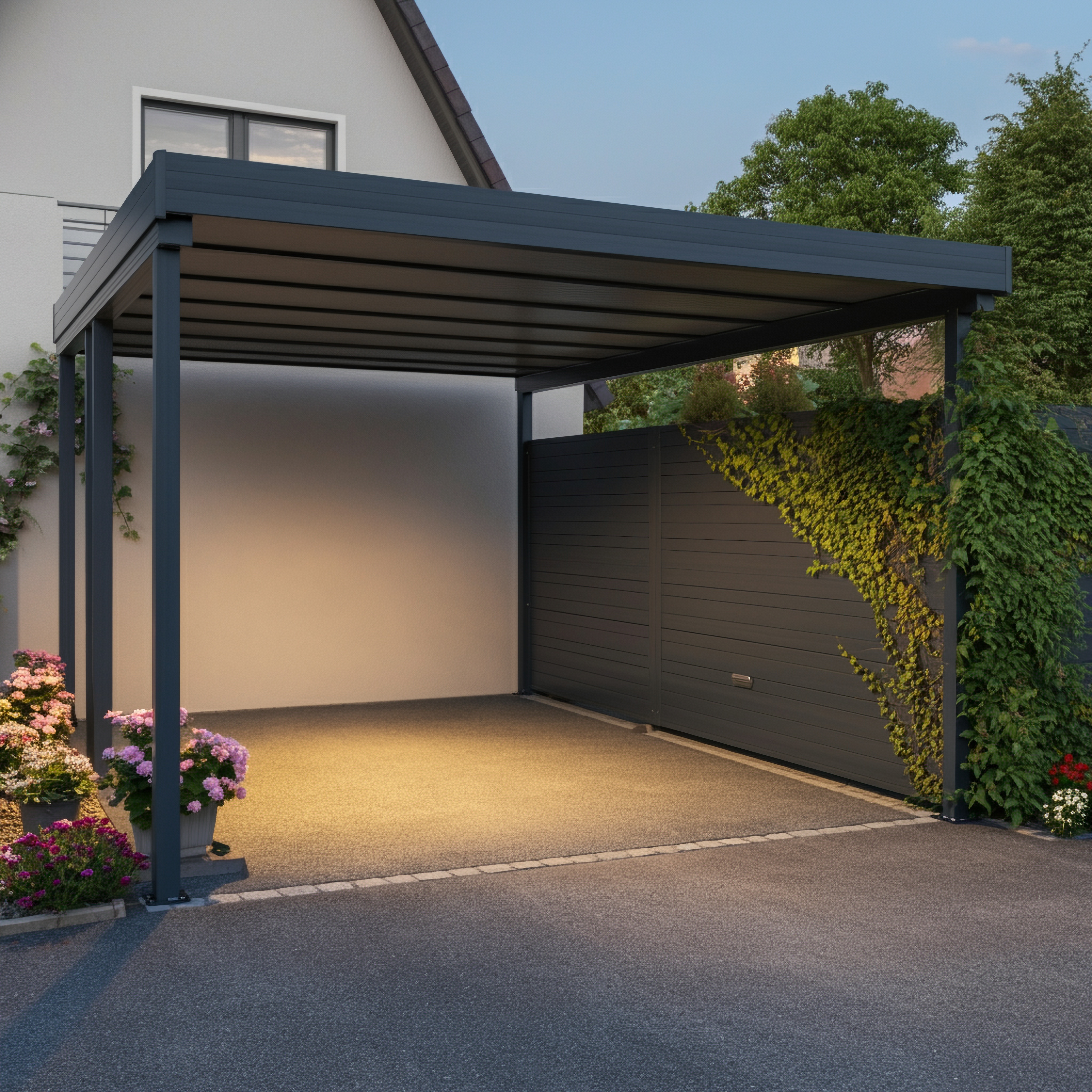 Carport am Haus mit einer Seitenwand