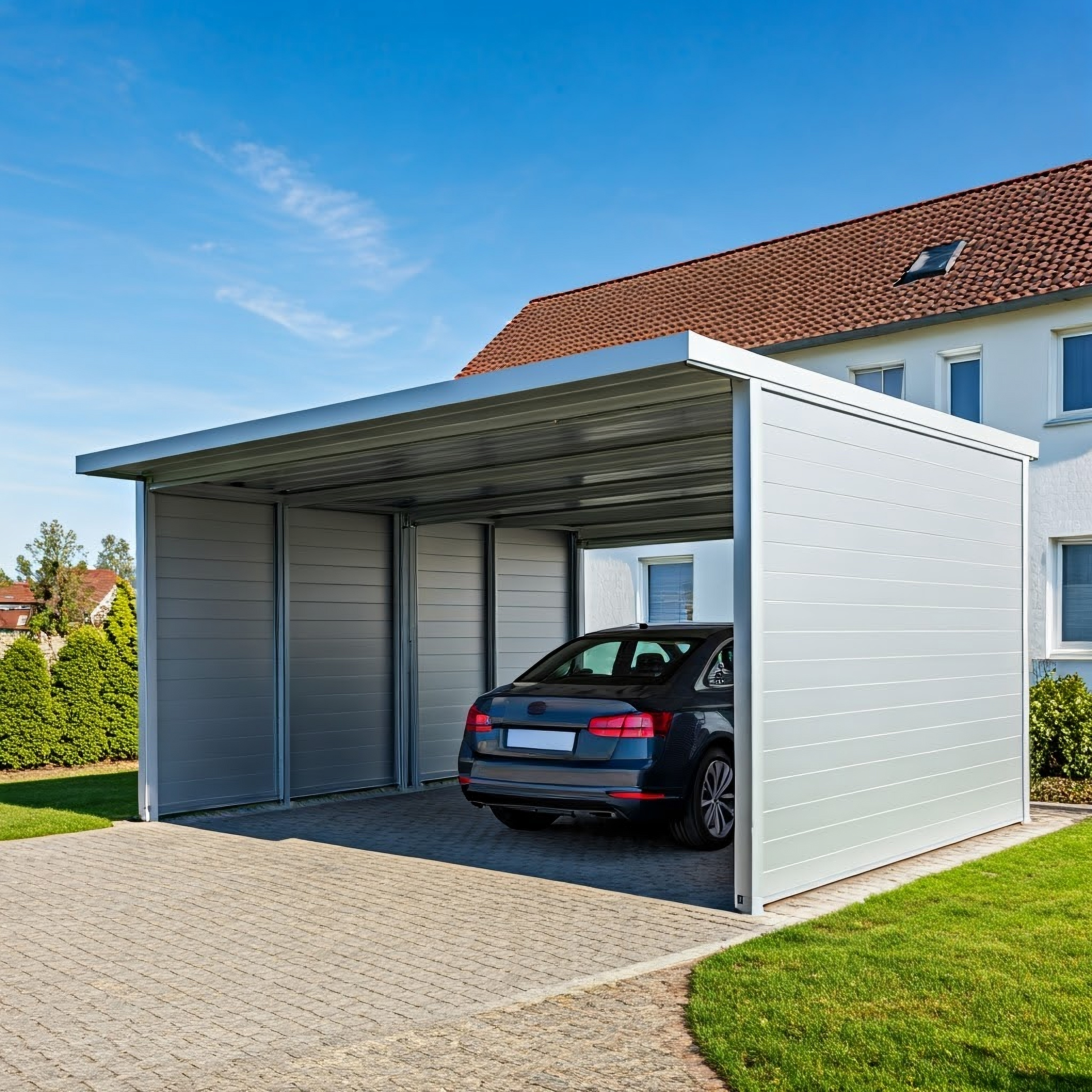 Carport mit zwei geschlossenen Seitenwänden