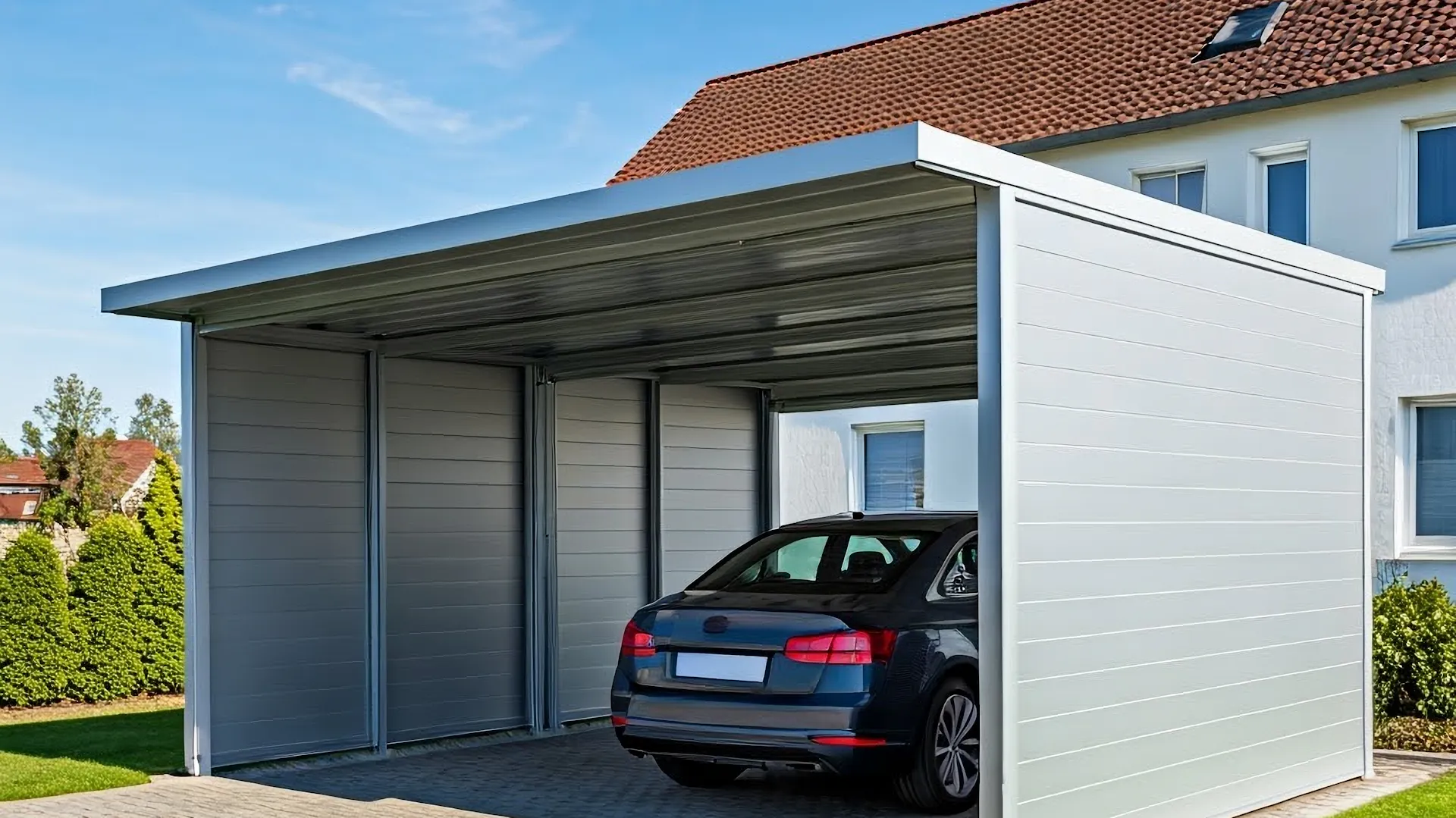Carport mit zwei geschlossenen Seitenwänden