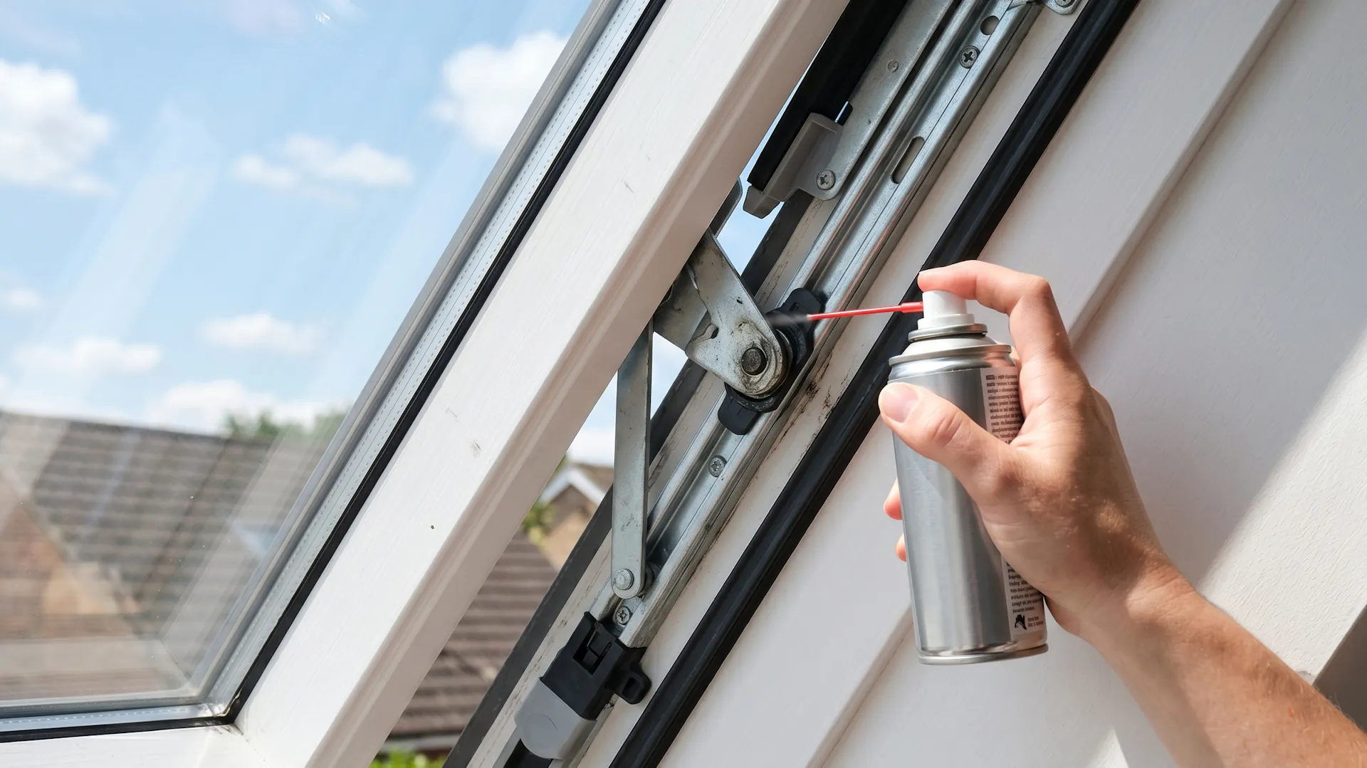 Dachfenster: Scharnier wird eingesprüht