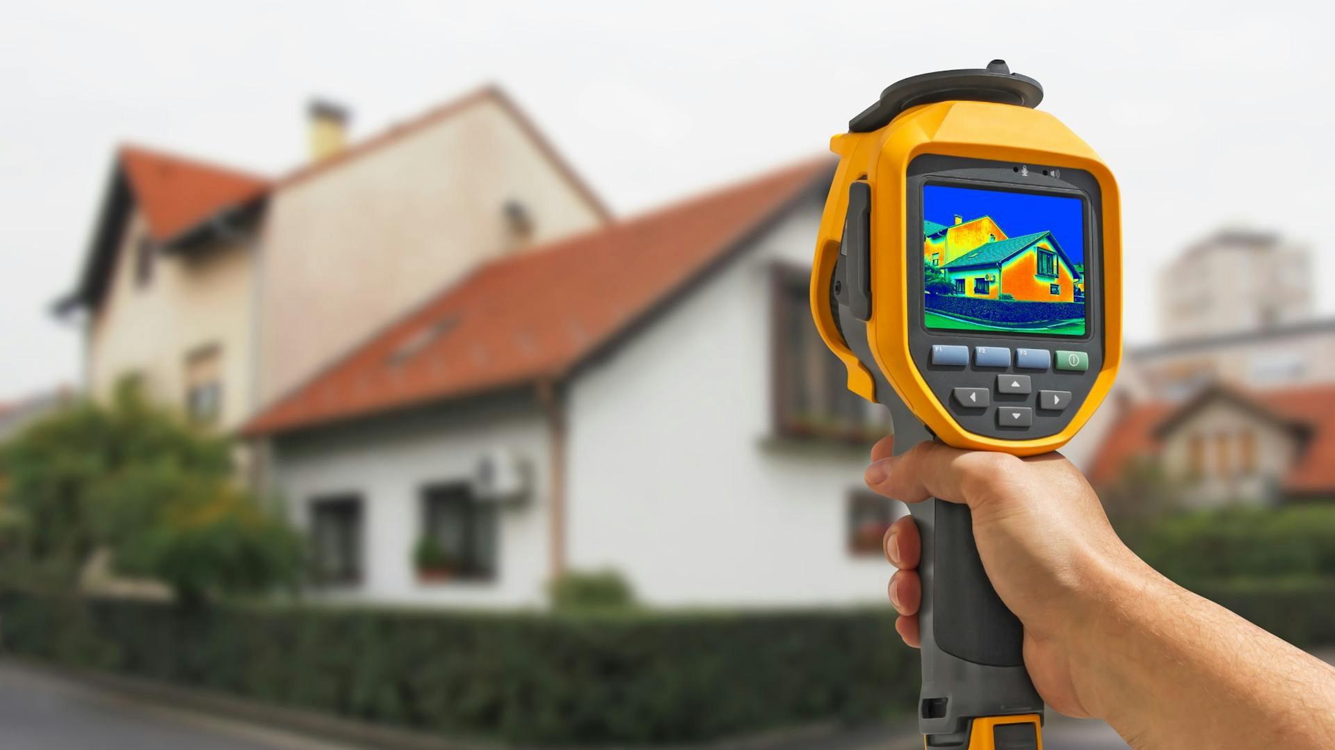 Wärmebildkamera zeigt die Wärmeabstrahlung eines Einfamilienhauses.