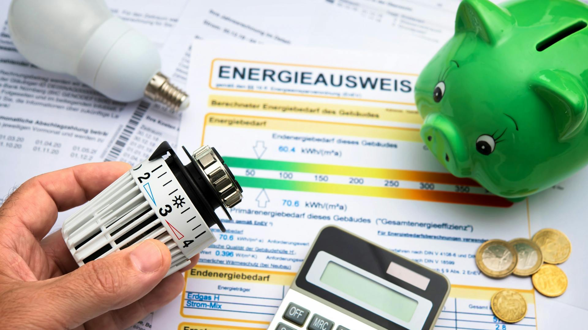 Energieausweis, darauf ein grünes Sparschwein, Münzen, ein Taschenrechner und eine Hand, die ein Heizungsthermostat hält.