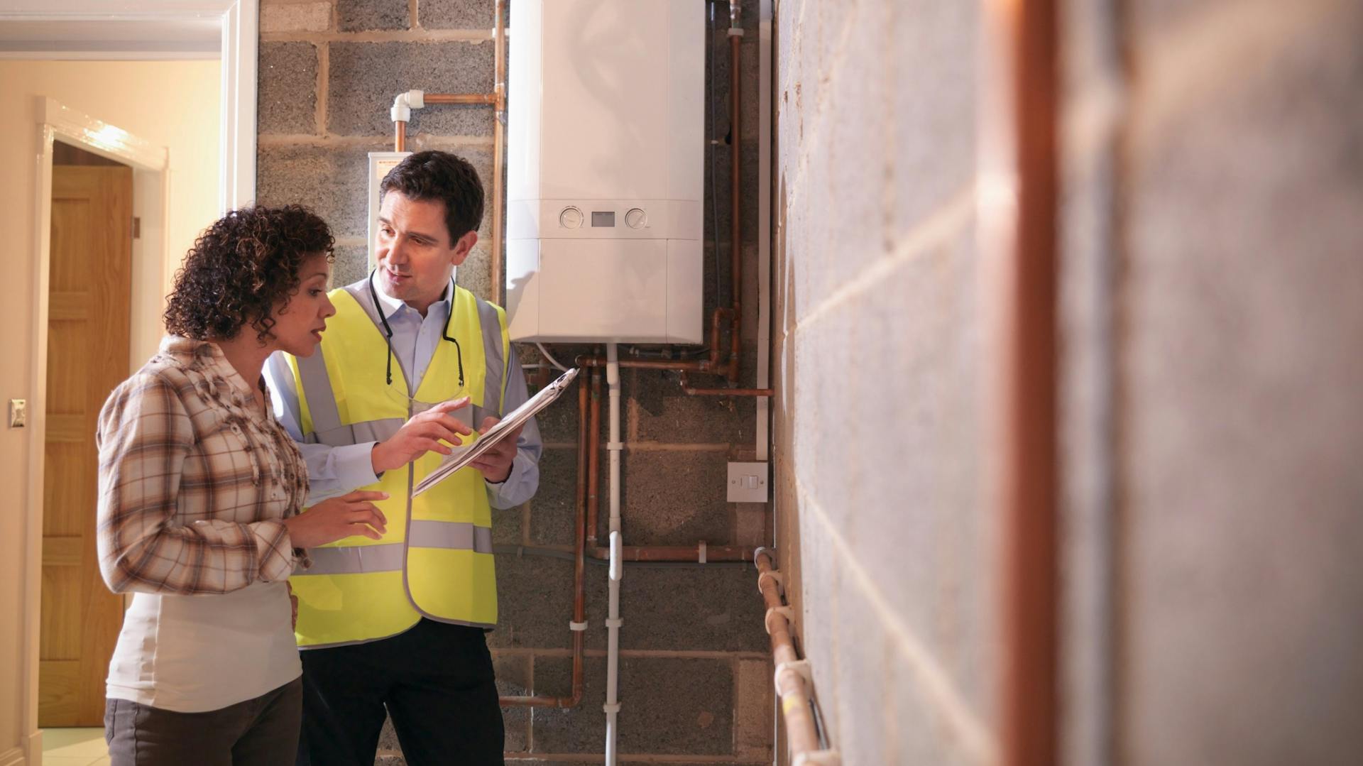 Zwei Personen in einer Beratungssituation neben Heizungsinstallationen.