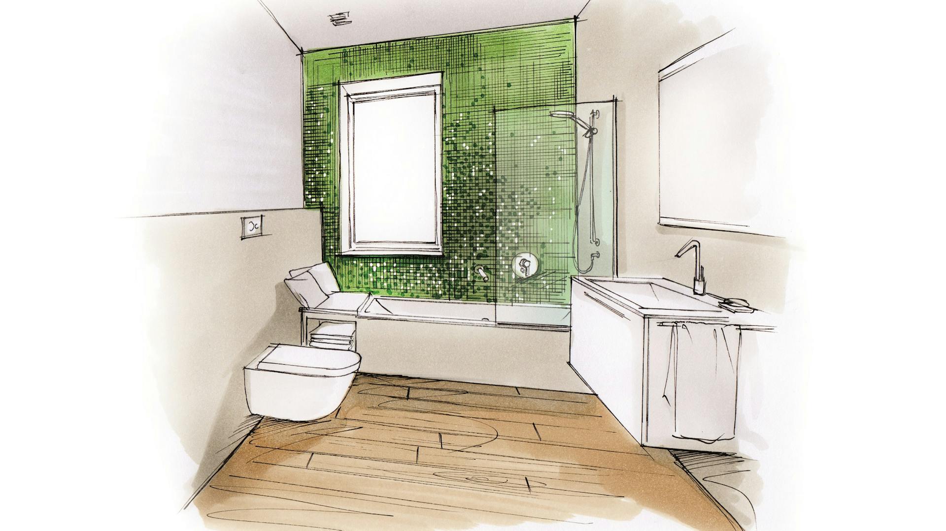 Bad mit Fliesen in Holzoptik, verlegt im wilden Verband.