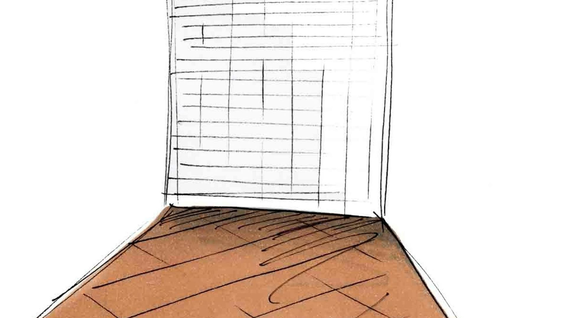 Skizze mit diagonal verlegten Bodenfliesen.