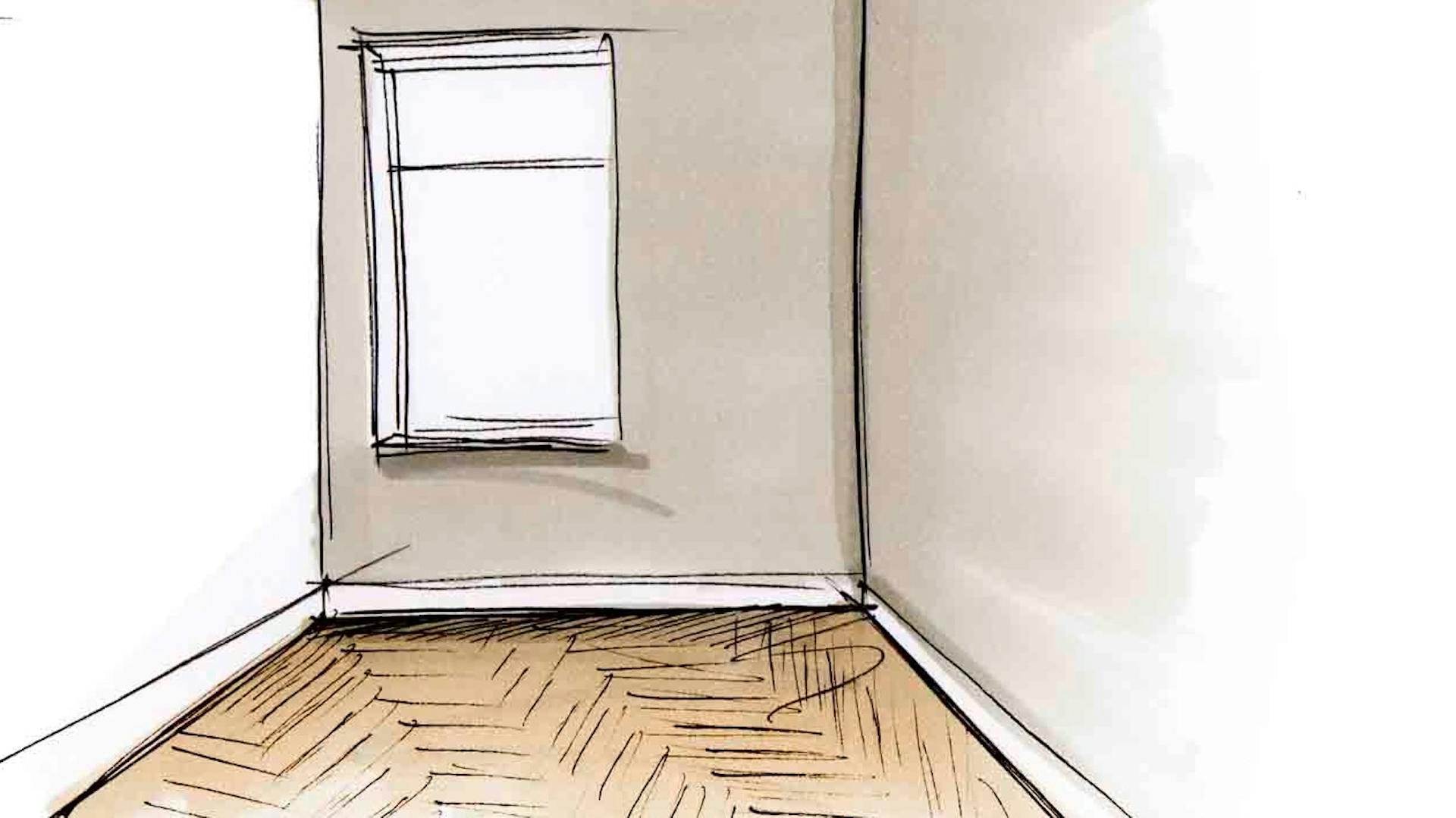 Skizze mit schmalen rechteckigen Bodenfliesen im Fischgrätmuster verlegt.