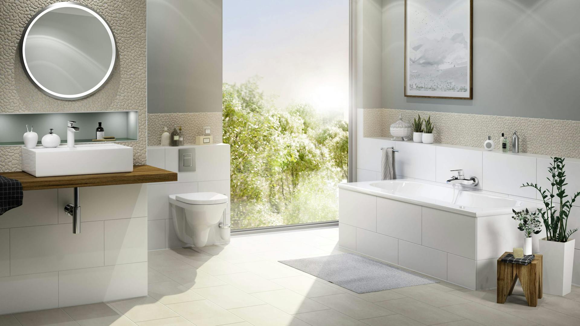 Foto eines Badezimmers mit hellen Fliesen auf dem Boden, einem Waschbecken, einer Badewanne und einem Spiegel.