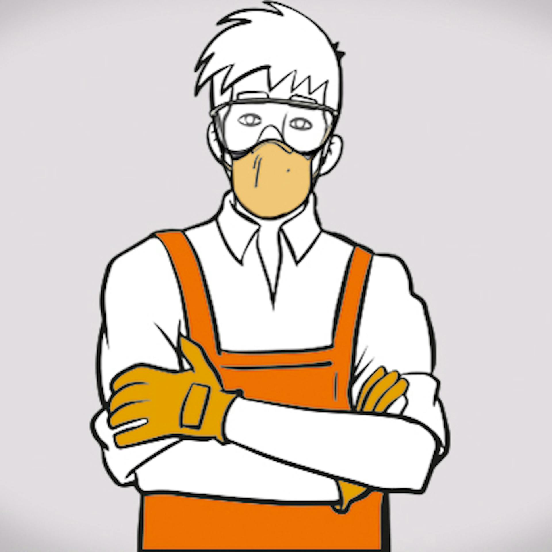 Mann mit Schutzbrille, Atemschutzmaske und Arbeitshandschuhen