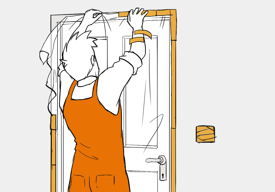 Mann klebt Tür mit Folie ab.