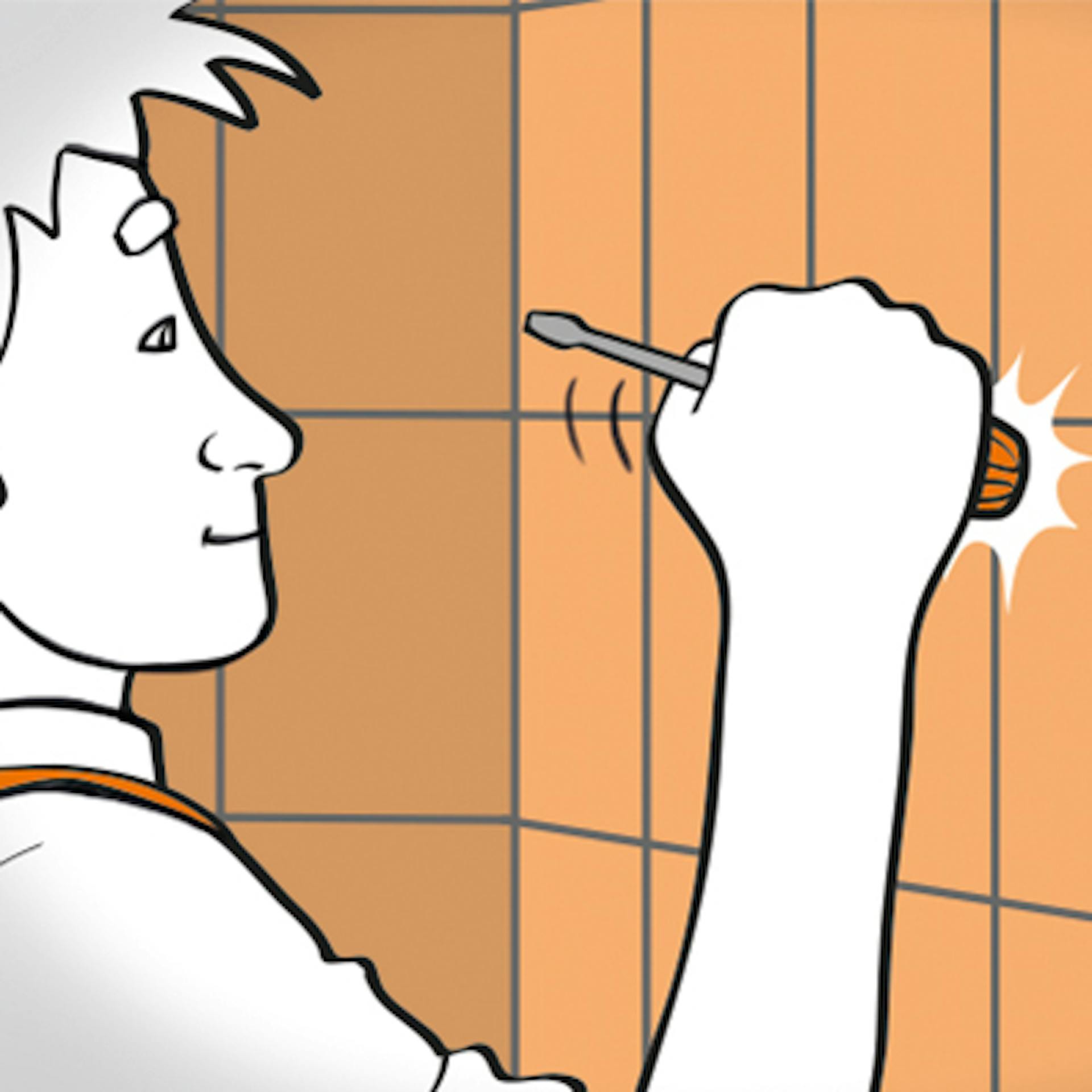 Mann klopft mit Schraubendreher an Wandfliesen.