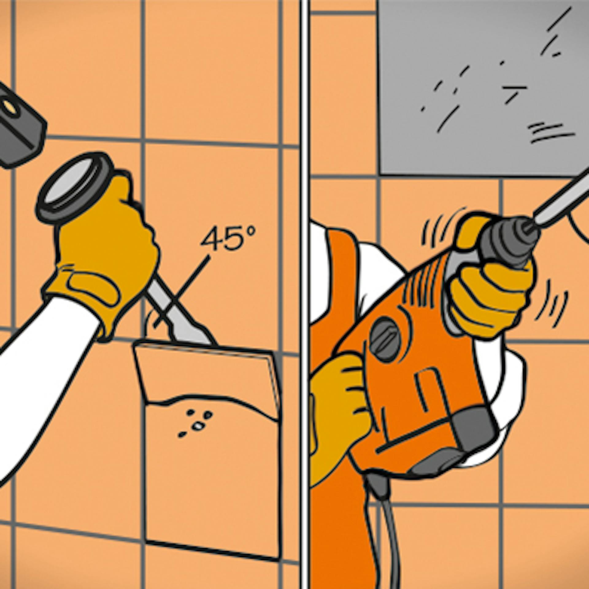 Jemand löst Fliesen mit Hammer und Meißel, während eine andere Person mit Stemmhammer arbeitet.