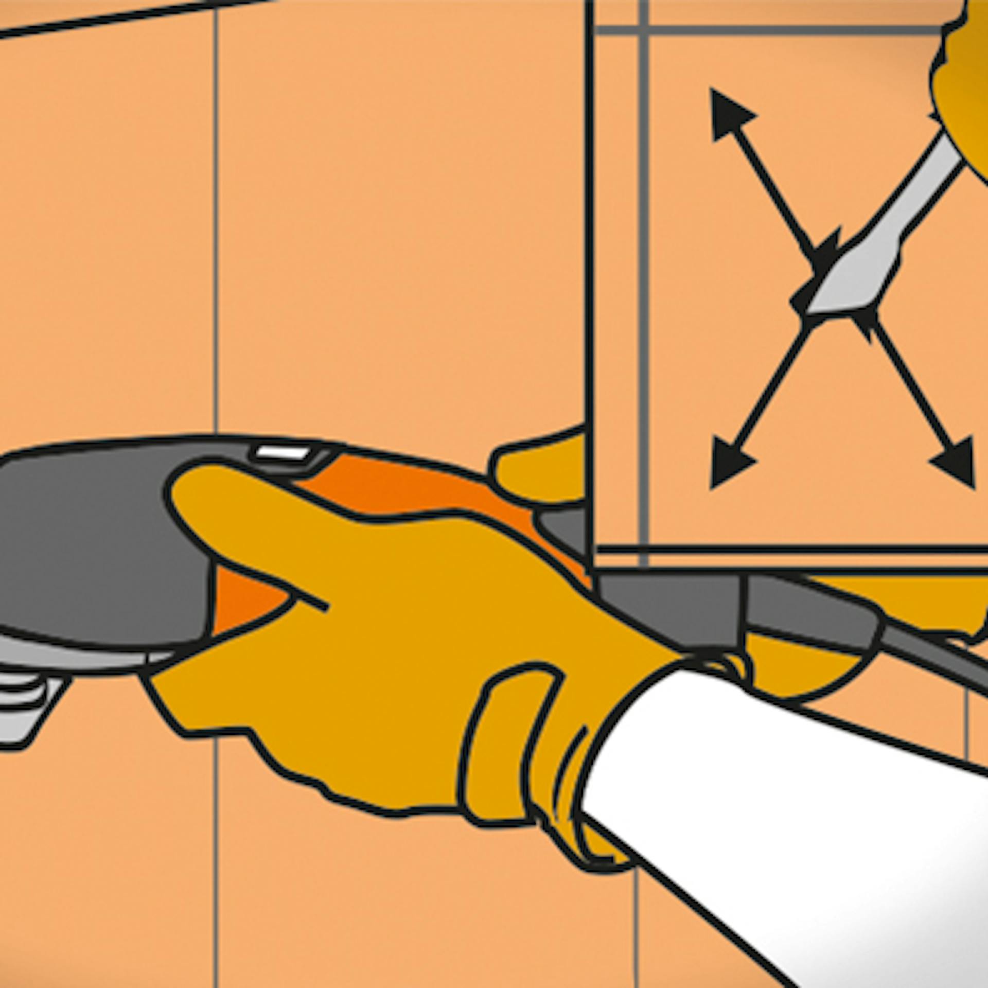 Jemand entfernt eine einzelne Fliese mit Multiwerkzeug und Fräsaufsatz.