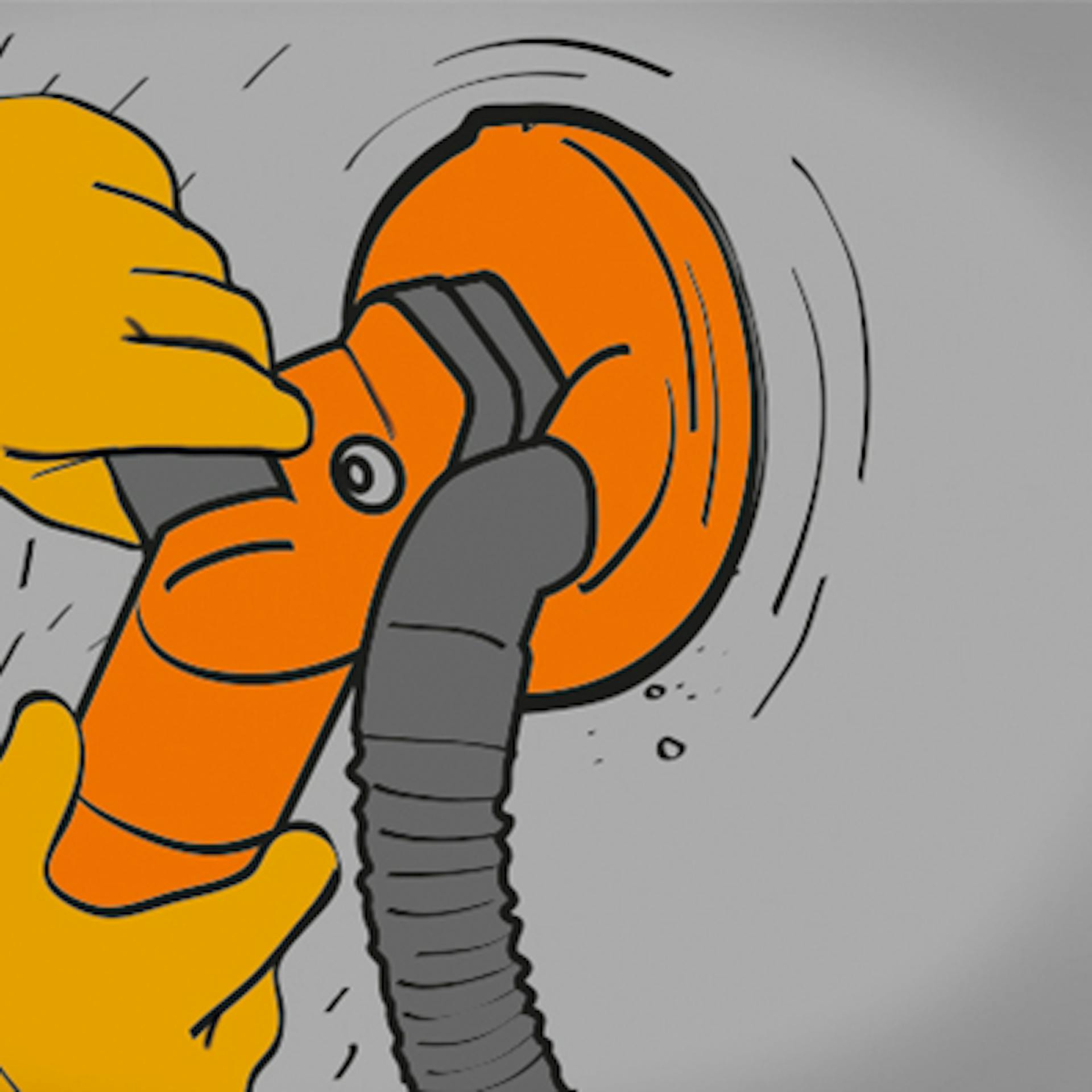 Hände mit Tellerschleifer auf Wand