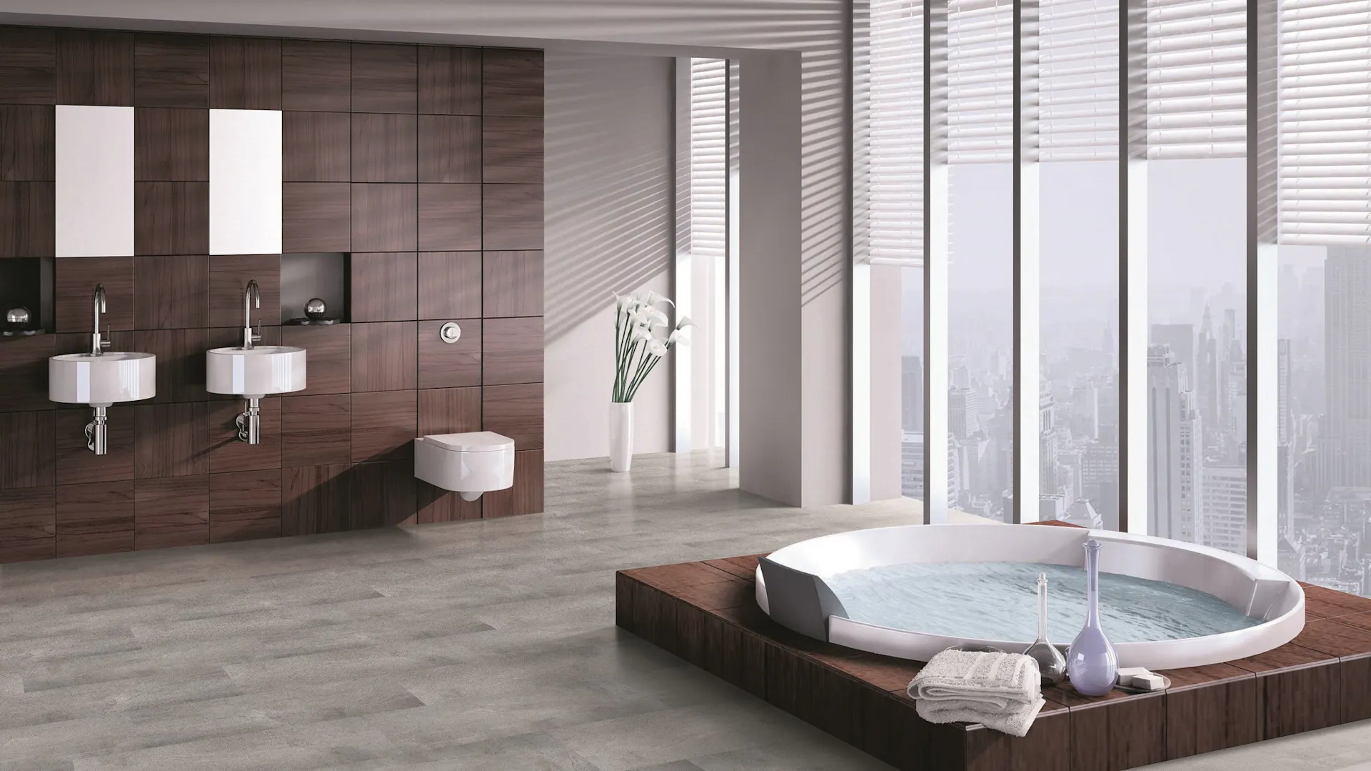 Bad mit Boden und Wandstück in Betonoptik und Vertäfelung und Whirlpool-Rahmen aus dunklem Holz