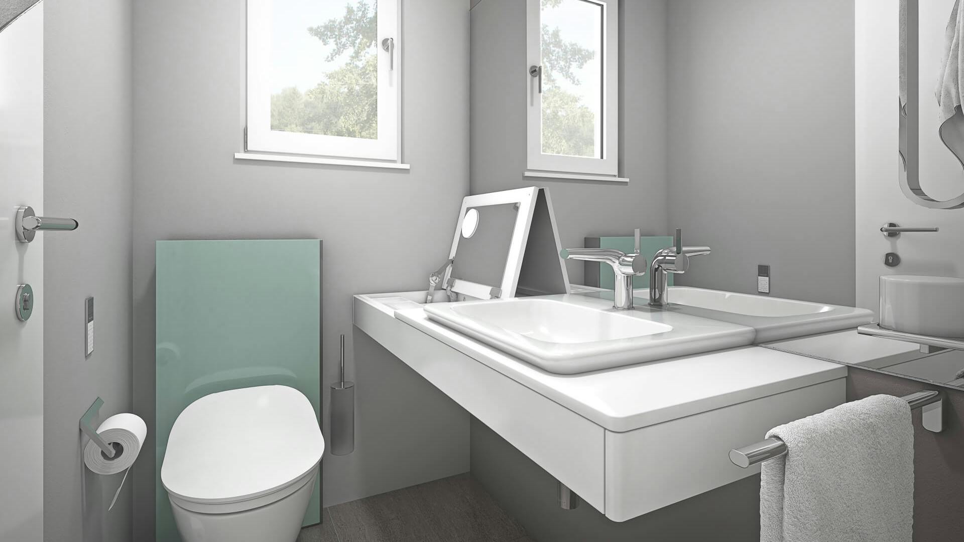 Kleines Gästebadezimmer in Betonoptik mit Spülkasten in Glasoptik und großem Spiegel