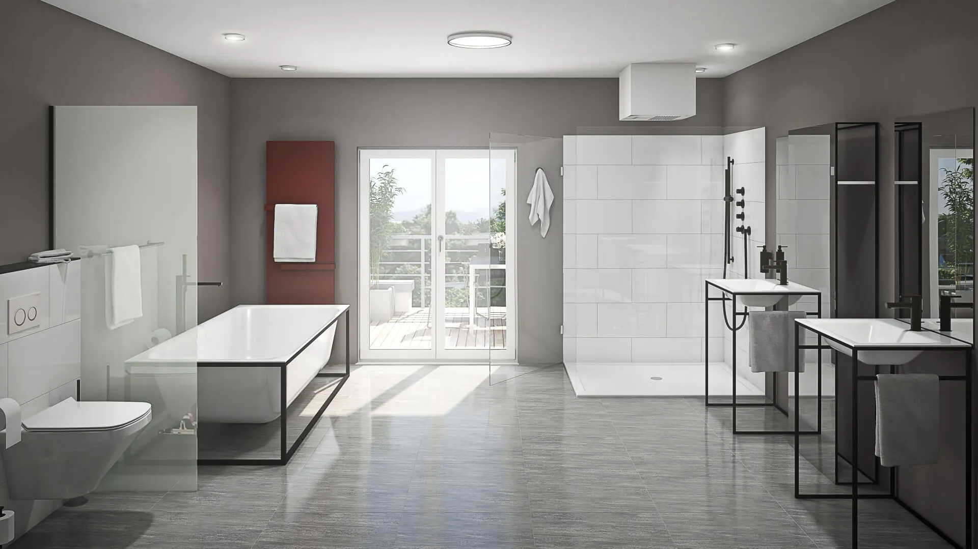 Bad in Betonoptik mit Wannenhalterung und Waschbeckenhalterungen aus dunklem Metall und gläserner Trennwand zwischen Badewanne und Toilette