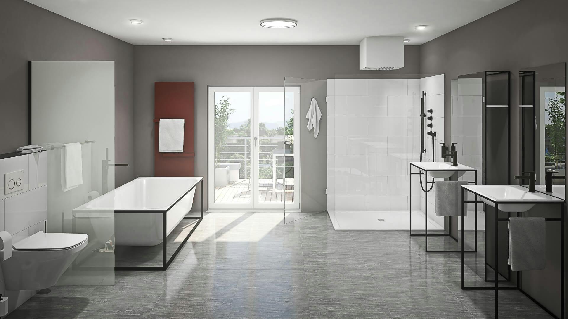 Bad in Betonoptik mit Wannenhalterung und Waschbeckenhalterungen aus dunklem Metall und gläserner Trennwand zwischen Badewanne und Toilette