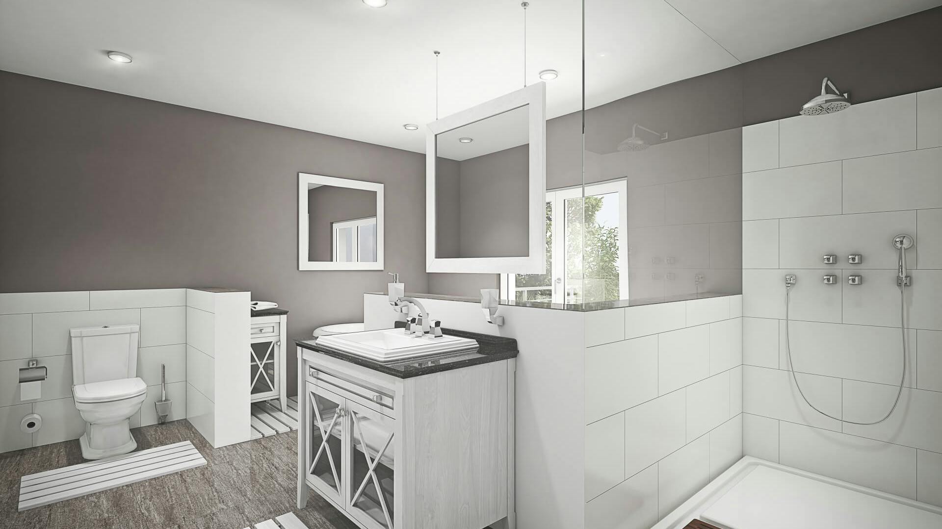 Großes Badezimmer in Betonoptik mit Möbeln aus weiß gestrichenem Holz