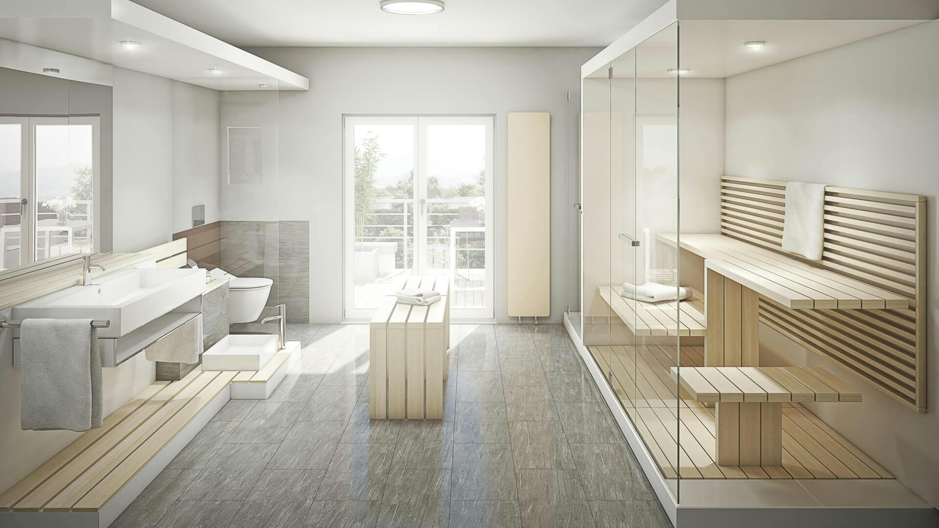 Großes Badezimmer in Betonoptik mit Sauna und Möbeln aus hellem Holz