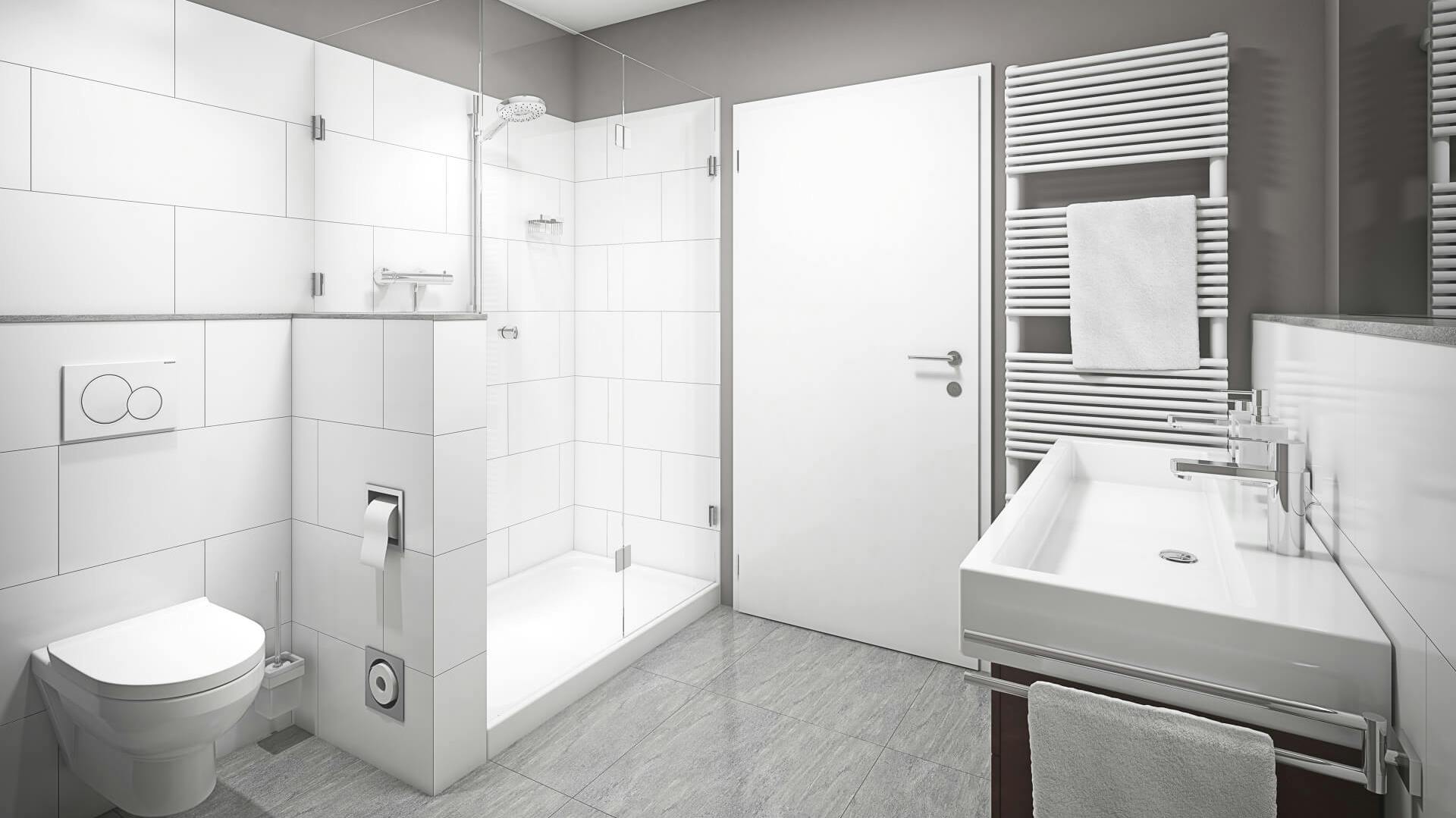 Kleines Bad in Betonoptik durch Wandfarbe und Fliesen sowie hellen Flächen und Elementen