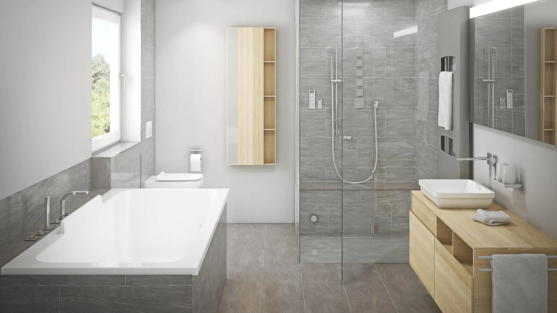 Badezimmer in Betonoptik mit Badmöbeln aus hellem Holz