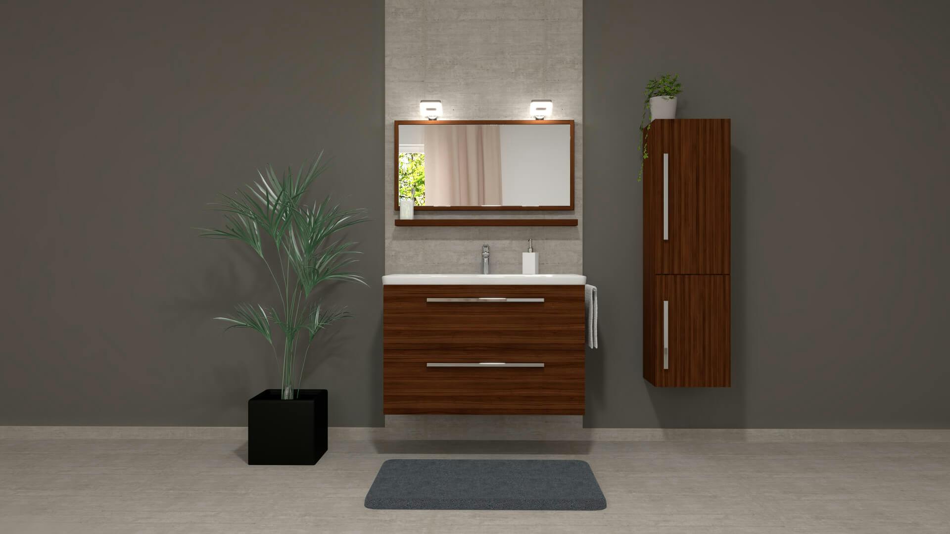 Badmöbel aus dunklem Holz, Zimmerpflanze in schwarzem, eckigem Topf und grauer Badteppich vor Wand in Betonoptik