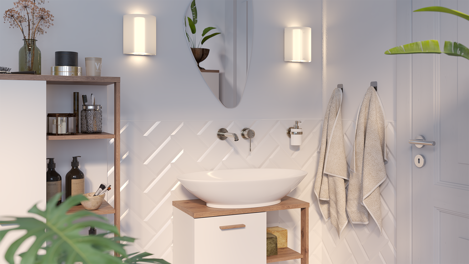 Bagno con mobili e accessori in armoniose tonalità naturali.
