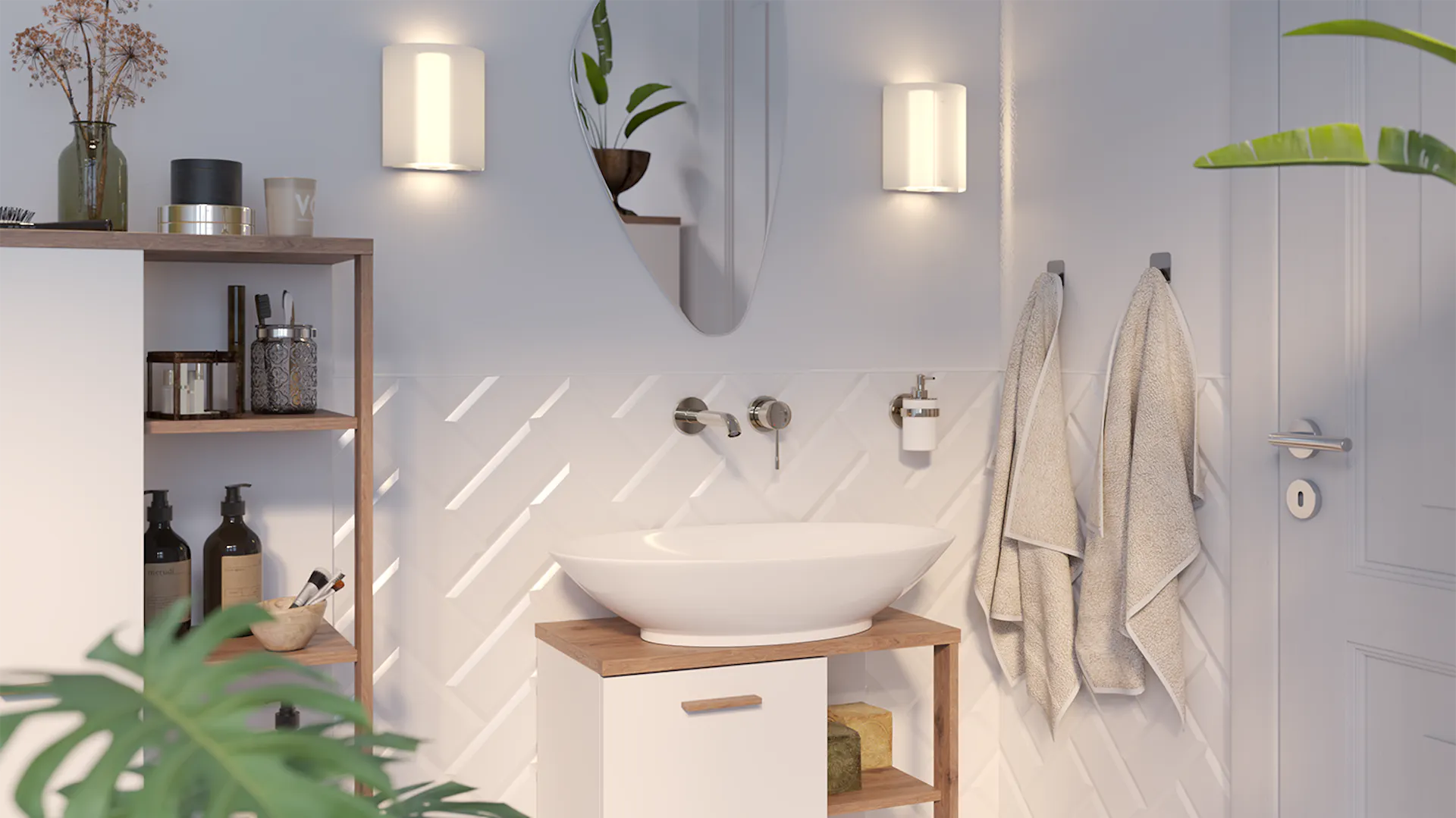 Bagno con mobili e accessori in armoniose tonalità naturali.