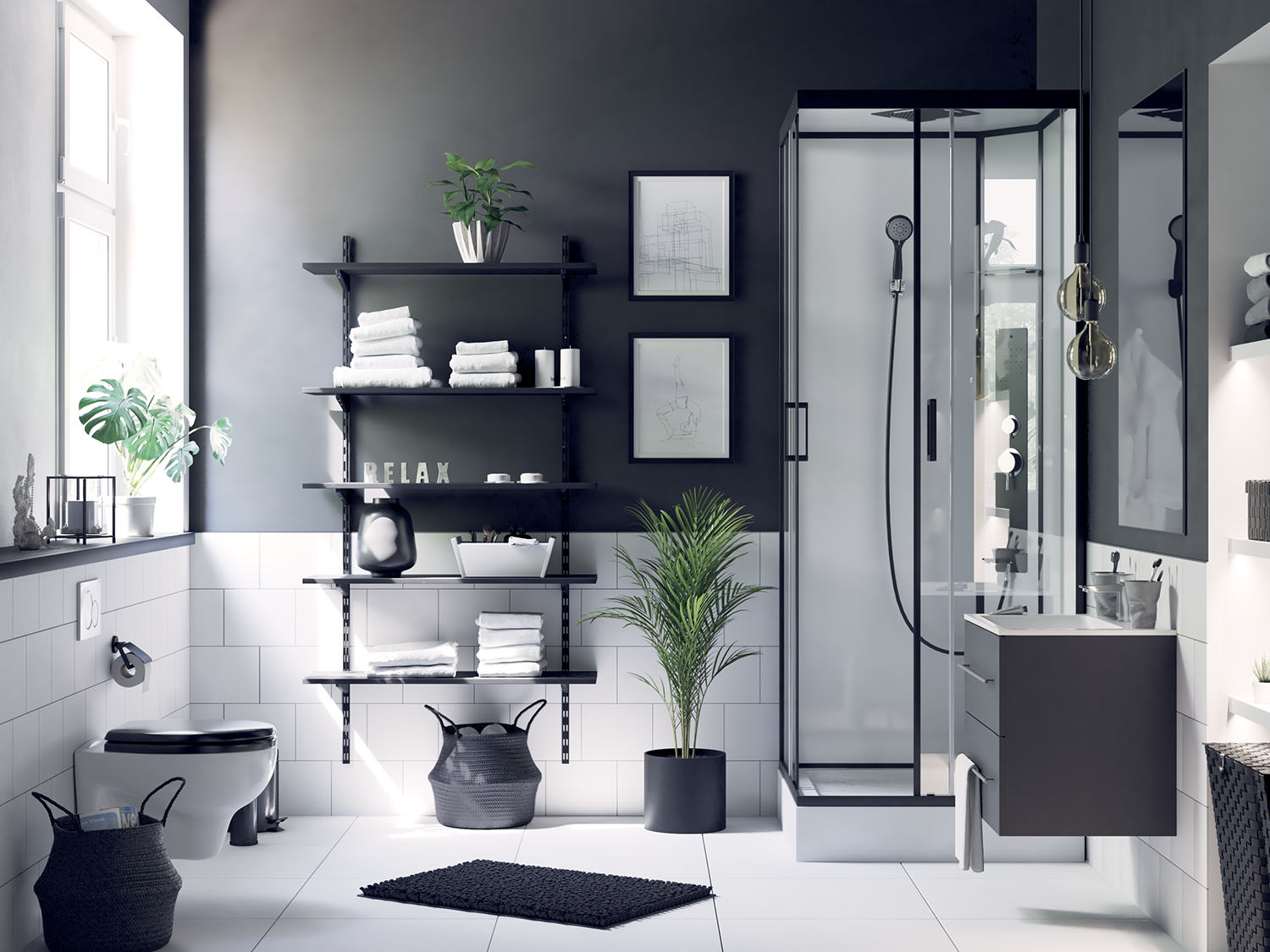 Bagno moderno con contrasti in bianco e nero.