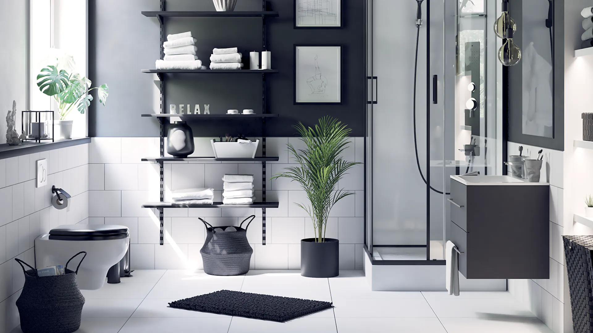 Modernes Badezimmer mit Deko in Schwarz-Weiß.