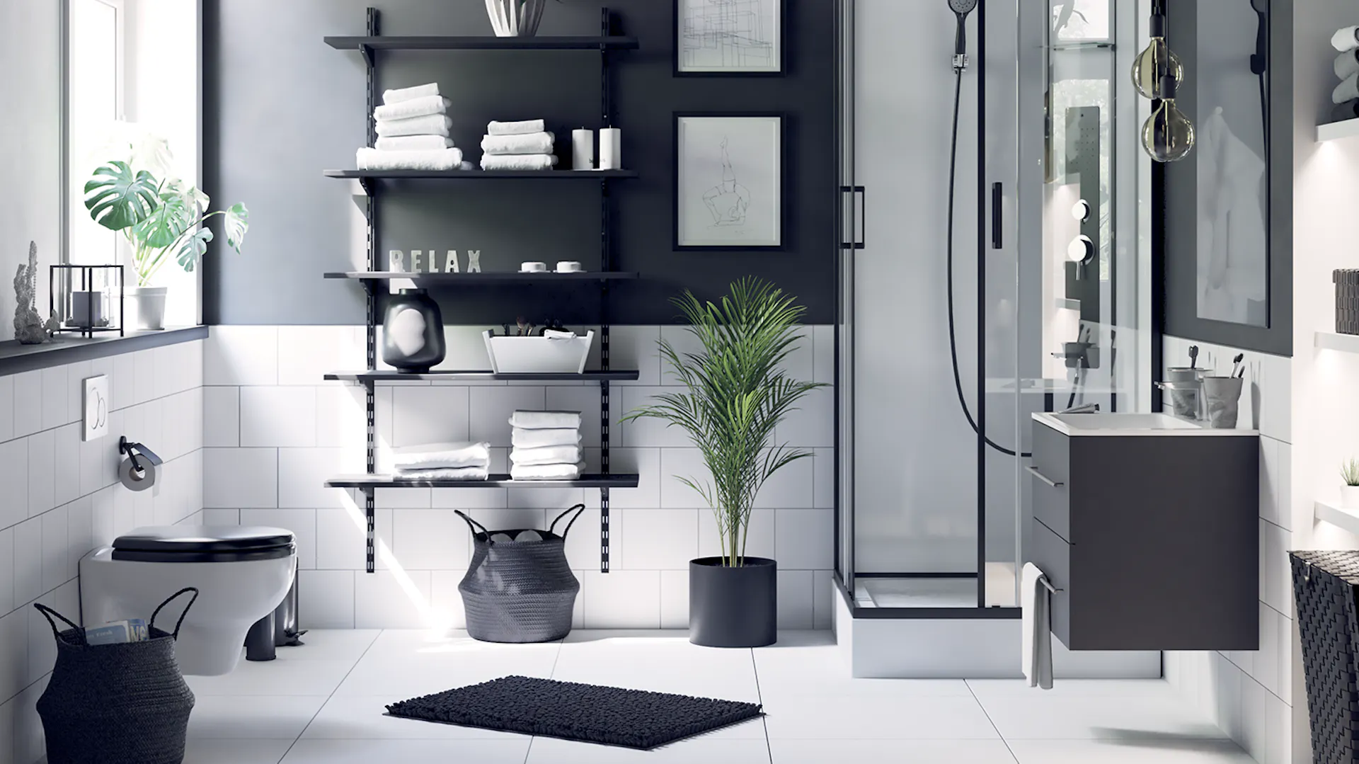 Bagno moderno con contrasti in bianco e nero.