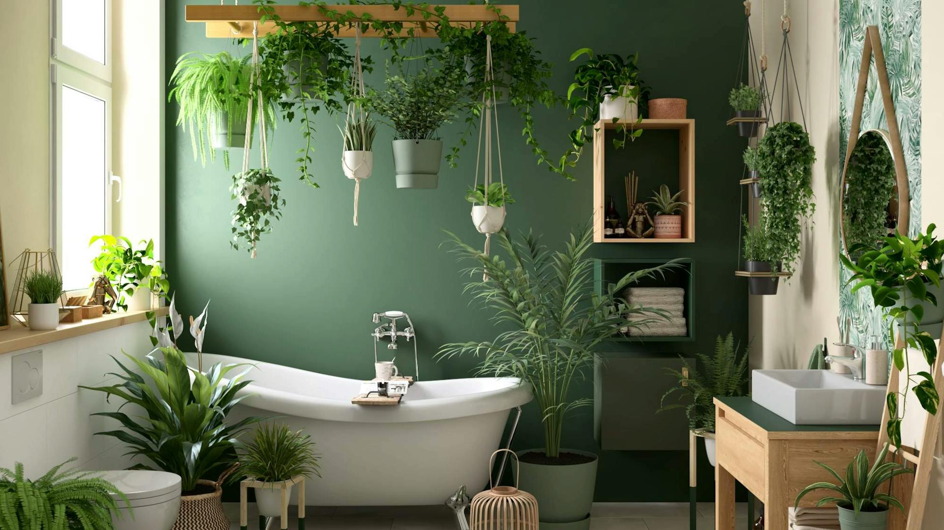 Ein Badezimmer voller Pflanzen mit einer großen dunkelgrünen Wand und verschiedenen Hängeampeln mit Pflanzen, die von der Decke hängen.