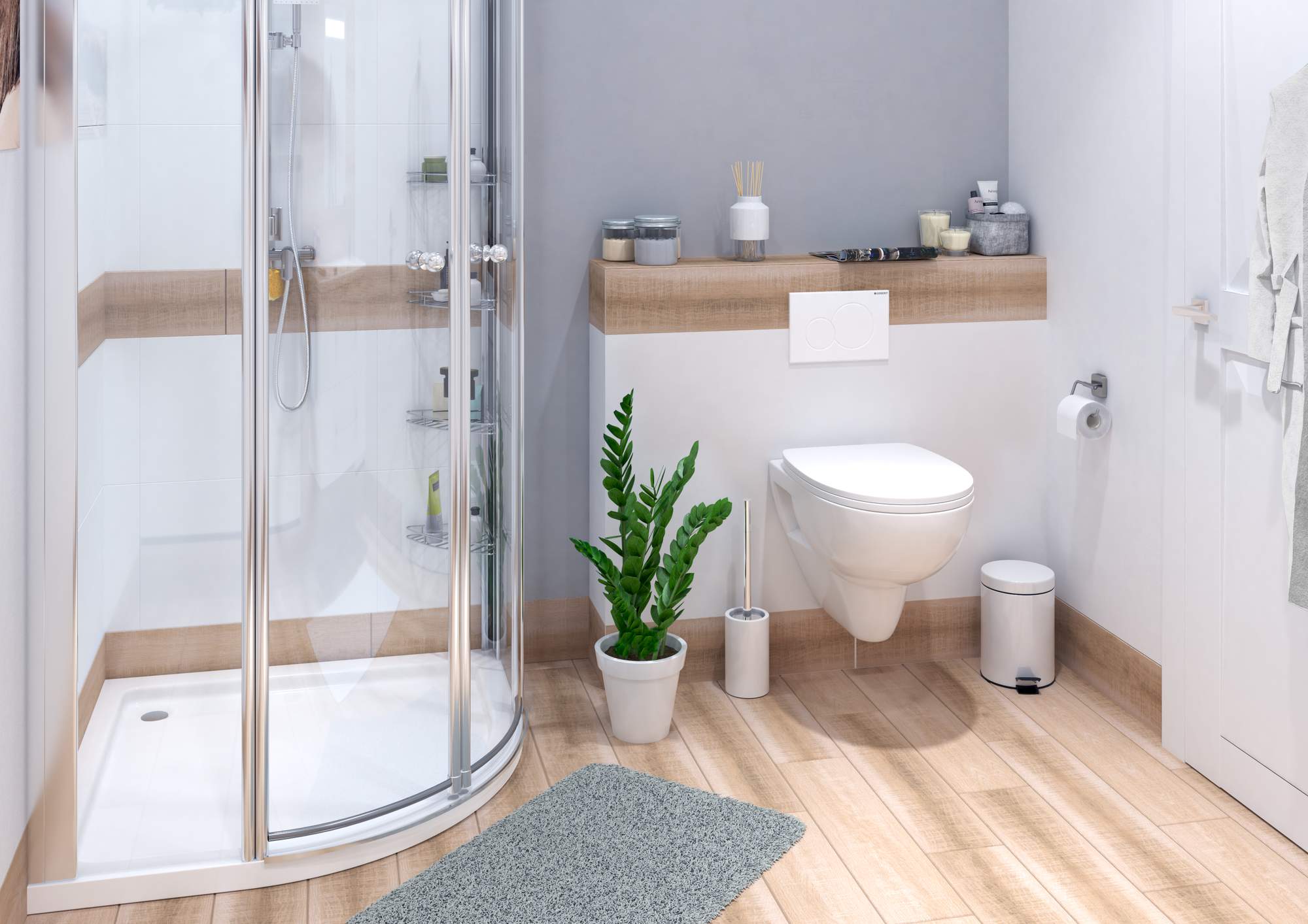 Kleines Badezimmer mit halbrunder Dusche.