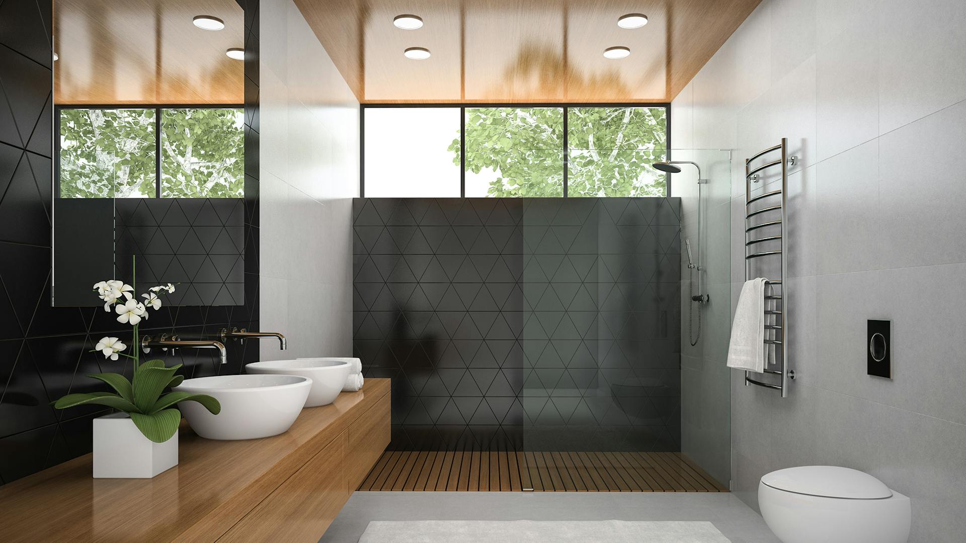 Großes Bad mit begehbarer Dusche.