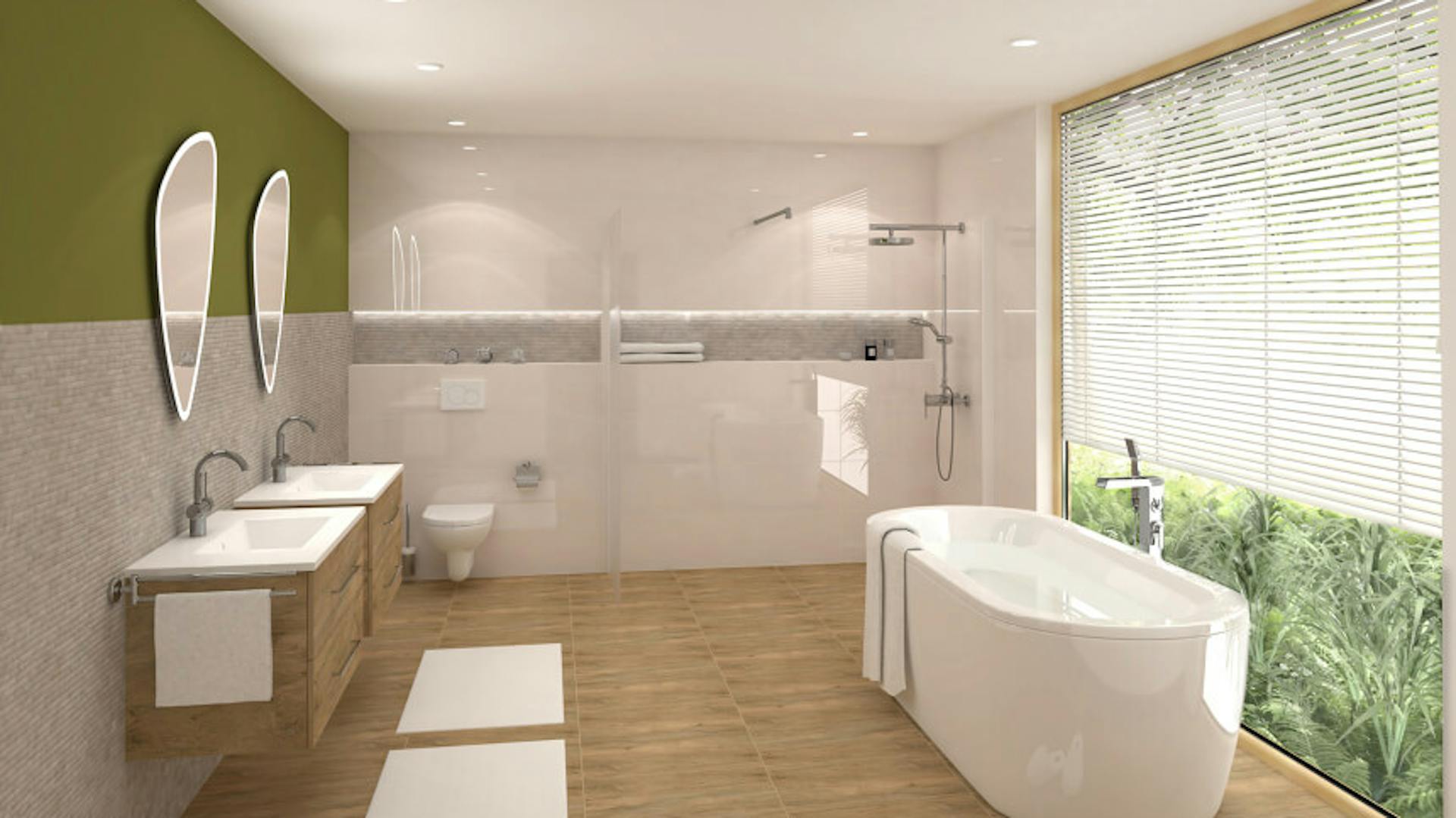 Großes Bad mit Holzfliesen, Holzmöbel und grüner Wand.