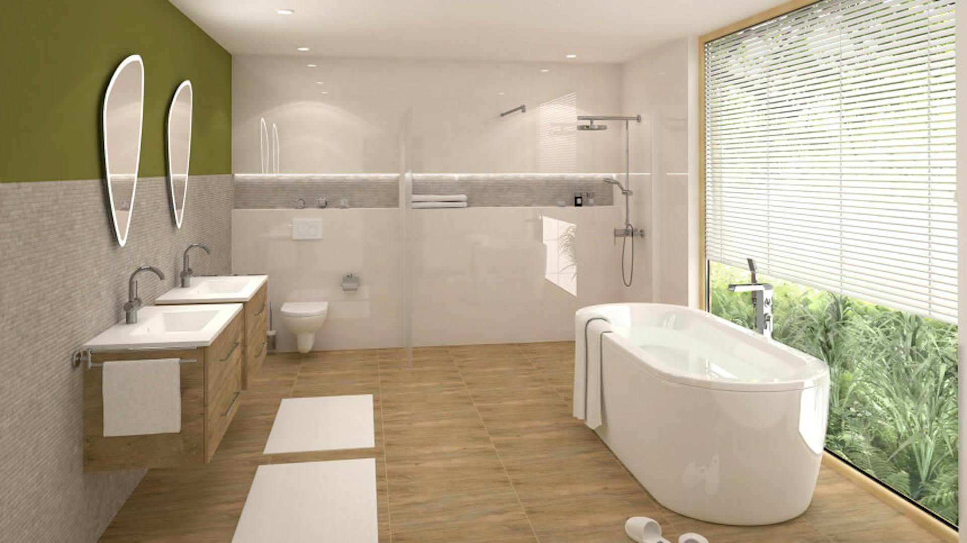 Großes Bad mit Holzfliesen, Holzmöbel und grüner Wand.