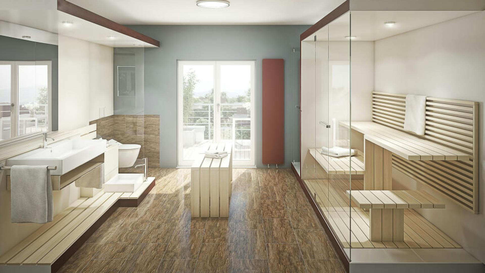 Eingebaute Ecksauna aus Holz mit Glastür.