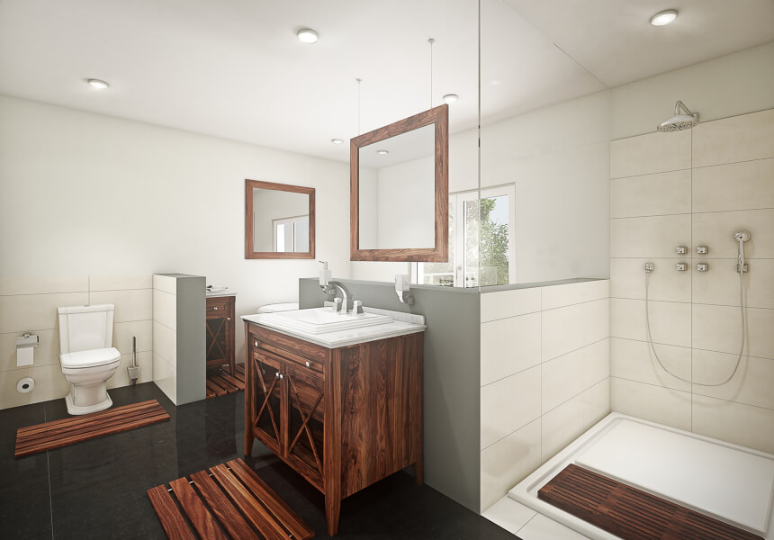 Großes Badezimmer mit Holzmöbeln. 