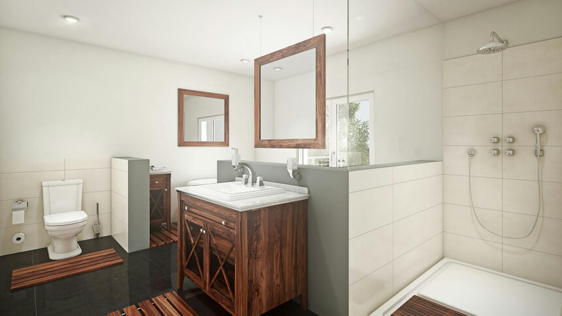 Großes Badezimmer mit Holzmöbeln.